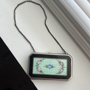 Antique art deco sterling silver & guilloche enamel dance compact purse.